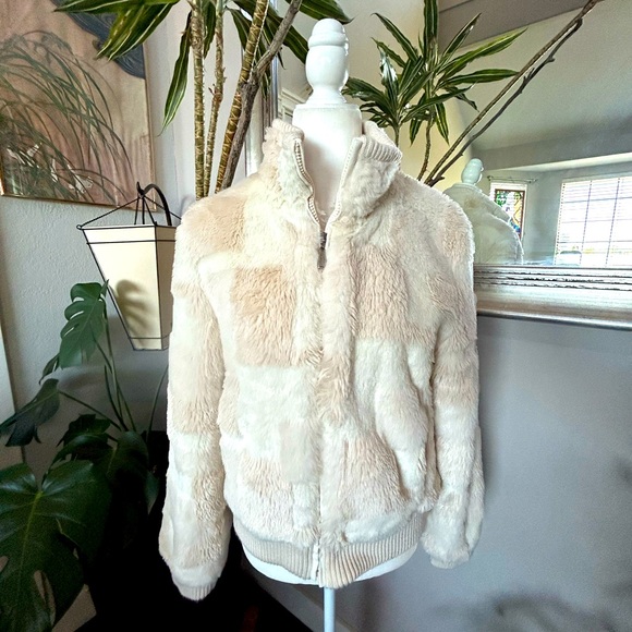 Vintage 90s ESPRIT Checkered Faux Fur Coat Bomber Jacket Mob Wife Size Medium - Picture 1 of 10